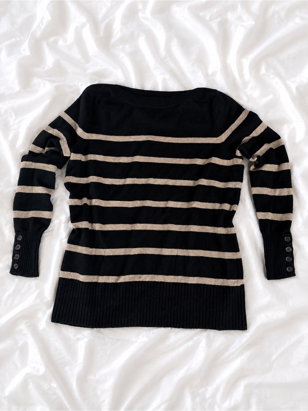LOFT Black and Beige Striped Long Sleeve Sweater